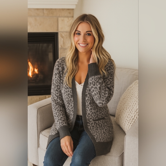 Lucky Brand Sweaters - Lucky Brand Animal Leopard Print Open Front Cardigan with Pockets